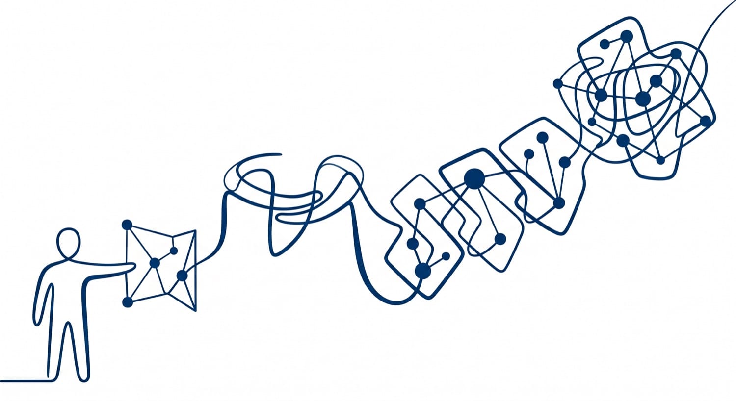 An abstract blue continuous-line drawing depicting a simple human figure touching a networked geometric shape, which flows outward into a complex, evolving path of looping lines, data nodes, and interconnected patterns across a white background.