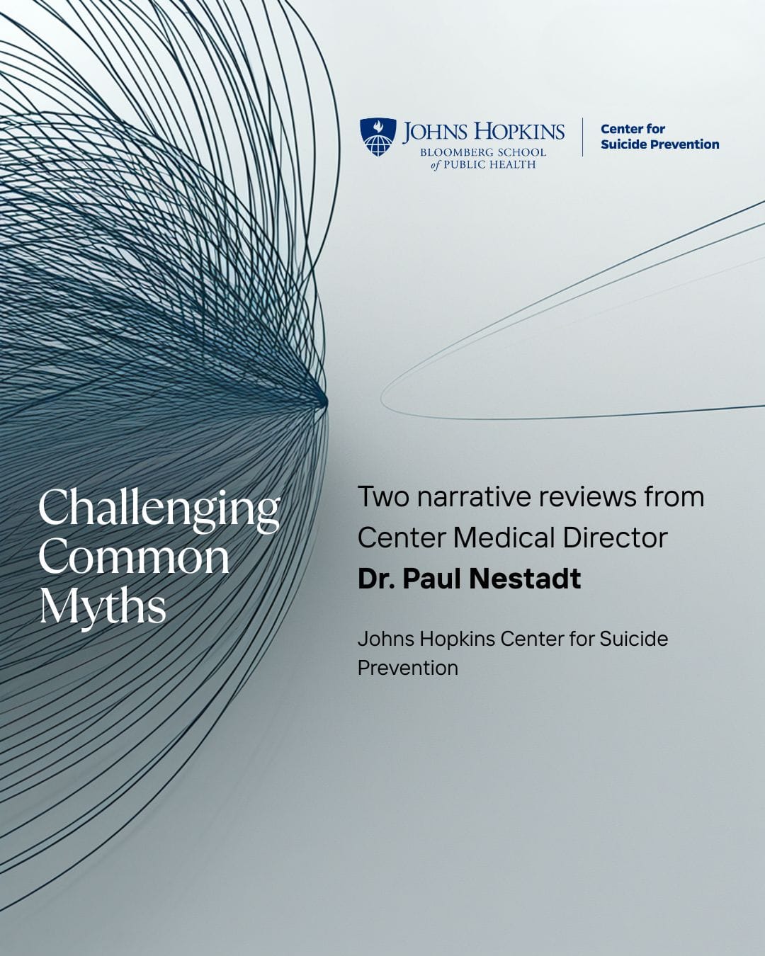 Abstract curved line artwork alongside text announcing "Challenging Common Myths," which consists of two narrative reviews by Center Medical Director Dr. Paul Nestadt.
